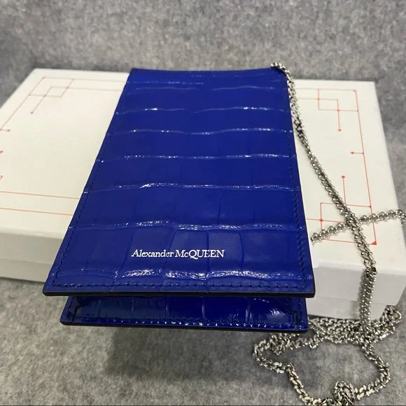 SOLD NWT $690 Alexander McQueen Skull Croc Leather Phone Bag Royal Blue - Picture 3 of 16